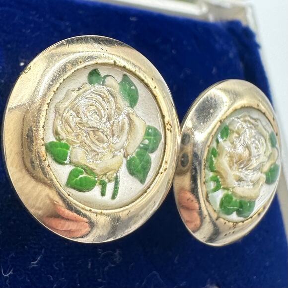 Vintage gold tone domed glass reverse painted intaglio roses cameos cufflinks - Picture 5 of 8